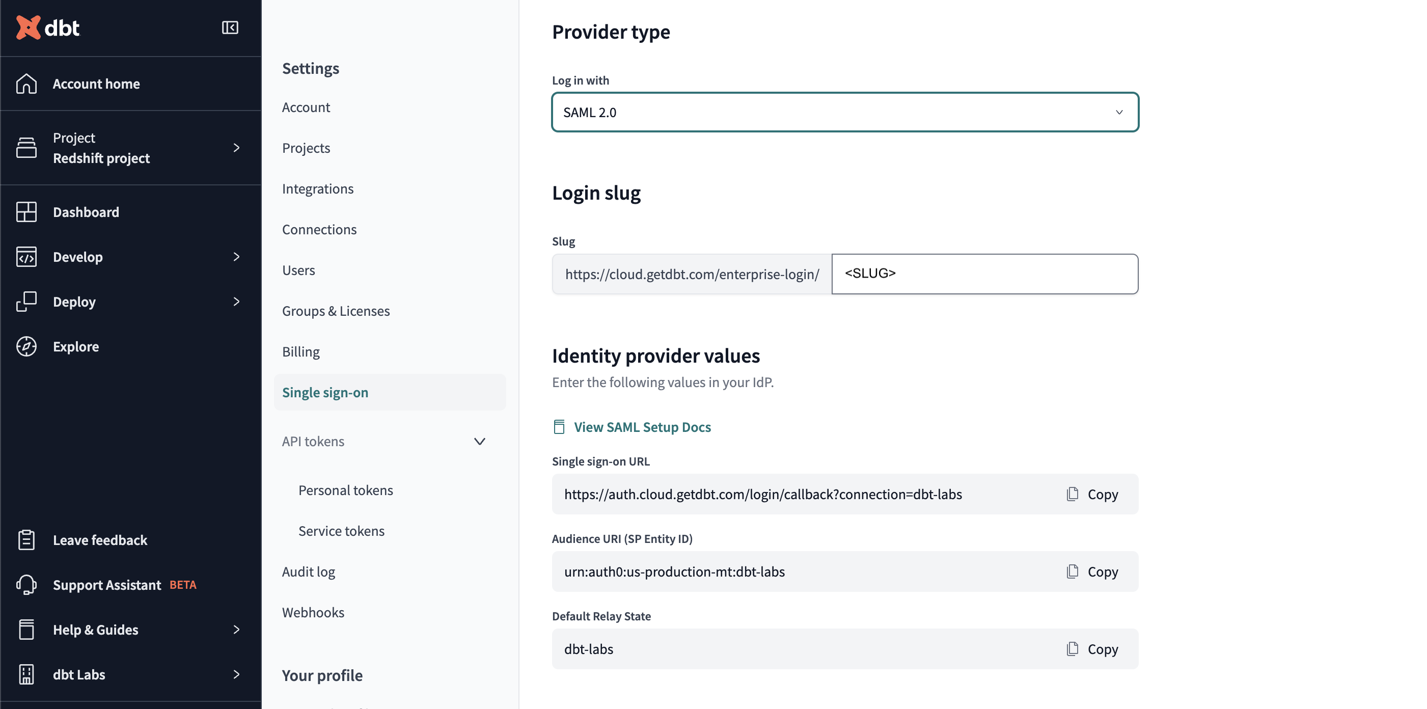 Example of the identity provider values for a SAML 2.0 provider